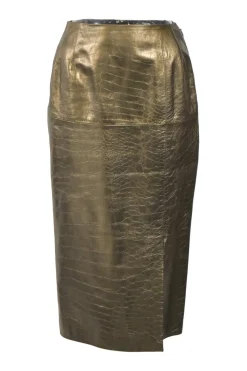 Gold foiled croc-embossed lambskin leather slit-front pencil skirt