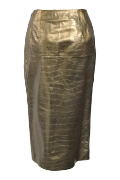Gold foiled croc-embossed lambskin leather slit-front pencil skirt