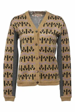 Gold glitter acetate-blend intarsia knit button-front cardigan featuring abstract graphic motif