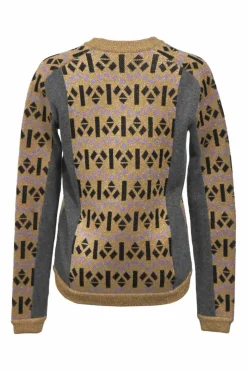 Gold glitter acetate-blend intarsia knit button-front cardigan featuring abstract graphic motif