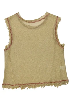 Gold metallic acetate-blend distressed jersey knit pullover tank top