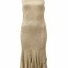 Gold metallic foiled openwork cotton knit drop-waist flounce sheath dress