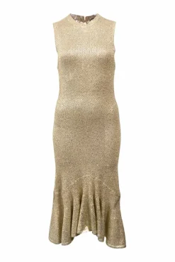 Gold metallic foiled openwork cotton knit drop-waist flounce sheath dress