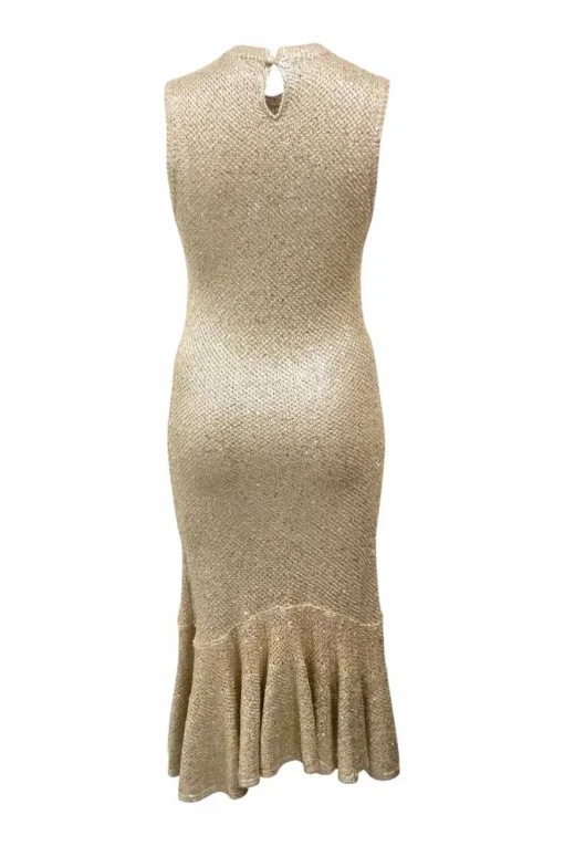 Gold metallic foiled openwork cotton knit drop-waist flounce sheath dress