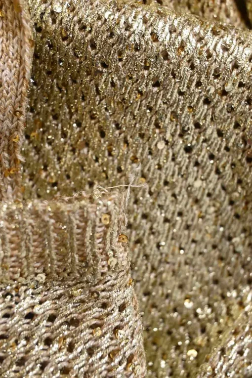 Gold metallic foiled openwork cotton knit drop-waist flounce sheath dress