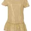 Gold metallic silk-blend short sleeve blouse with ruffle hem