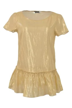 Gold metallic silk-blend short sleeve blouse with ruffle hem