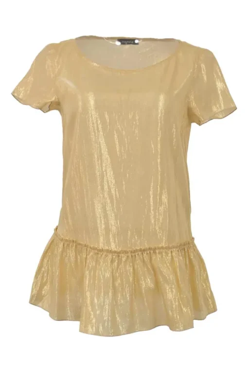 Gold metallic silk-blend short sleeve blouse with ruffle hem