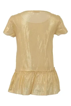 Gold metallic silk-blend short sleeve blouse with ruffle hem