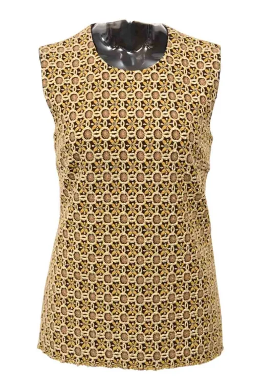 Gold polyester-blend metallic jacquard crewneck sleeveless top