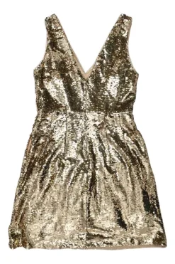 Gold sequined polyester plunge neck empire waist A-line mini dress