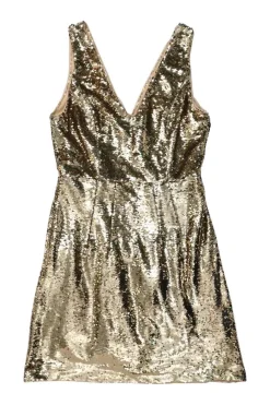 Gold sequined polyester plunge neck empire waist A-line mini dress