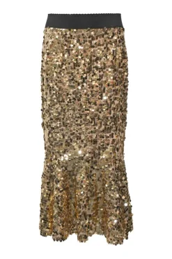 Gold sequined silk-blend tulle flounce midi skirt with elasticated waistband