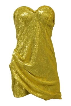 Gold sequin-embellished polyester strapless ruched mini dress