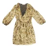 Gold sequin-embellished silk slip-on plunge neck mini A-line dress with bishop sleeves