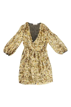 Gold sequin-embellished silk slip-on plunge neck mini A-line dress with bishop sleeves