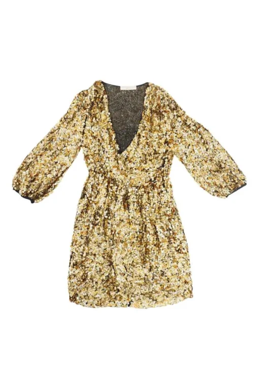 Gold sequin-embellished silk slip-on plunge neck mini A-line dress with bishop sleeves