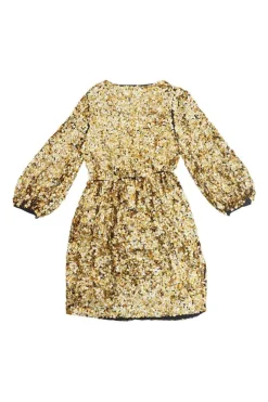 Gold sequin-embellished silk slip-on plunge neck mini A-line dress with bishop sleeves