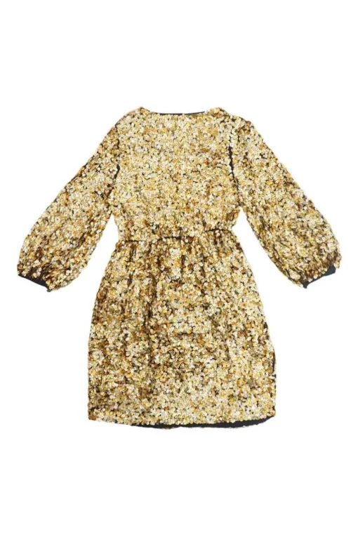 Gold sequin-embellished silk slip-on plunge neck mini A-line dress with bishop sleeves