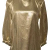 Gold silk-blend jacquard raglan sleeve pullover blouse with coat of arms shank button appliqué