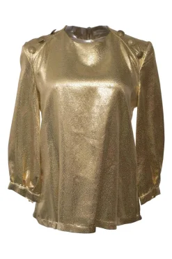 Gold silk-blend jacquard raglan sleeve pullover blouse with coat of arms shank button appliqué