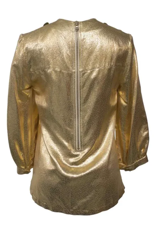Gold silk-blend jacquard raglan sleeve pullover blouse with coat of arms shank button appliqué