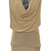 Gold viscose-blend semi-sheer draped sleeveless blouson mini dress