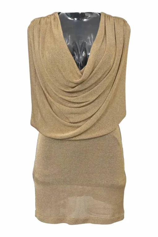 Gold viscose-blend semi-sheer draped sleeveless blouson mini dress