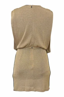 Gold viscose-blend semi-sheer draped sleeveless blouson mini dress