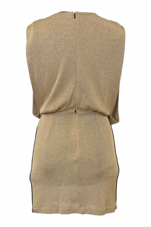 Gold viscose-blend semi-sheer draped sleeveless blouson mini dress