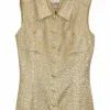 Gold wool-blend brocade classic collar sleeveless shirt with gold-tone metallic Coco Mark shank buttons