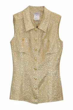 Gold wool-blend brocade classic collar sleeveless shirt with gold-tone metallic Coco Mark shank buttons