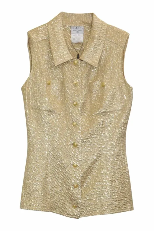 Gold wool-blend brocade classic collar sleeveless shirt with gold-tone metallic Coco Mark shank buttons