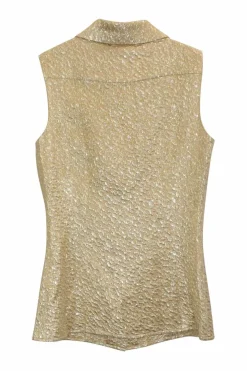 Gold wool-blend brocade classic collar sleeveless shirt with gold-tone metallic Coco Mark shank buttons