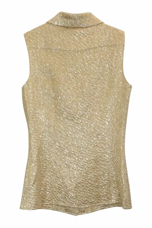 Gold wool-blend brocade classic collar sleeveless shirt with gold-tone metallic Coco Mark shank buttons