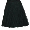Green and black bias-cut polyester-cotton blend mesh buffalo check tulle A-line midi skirt