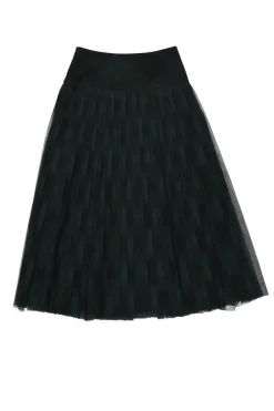 Green and black bias-cut polyester-cotton blend mesh buffalo check tulle A-line midi skirt