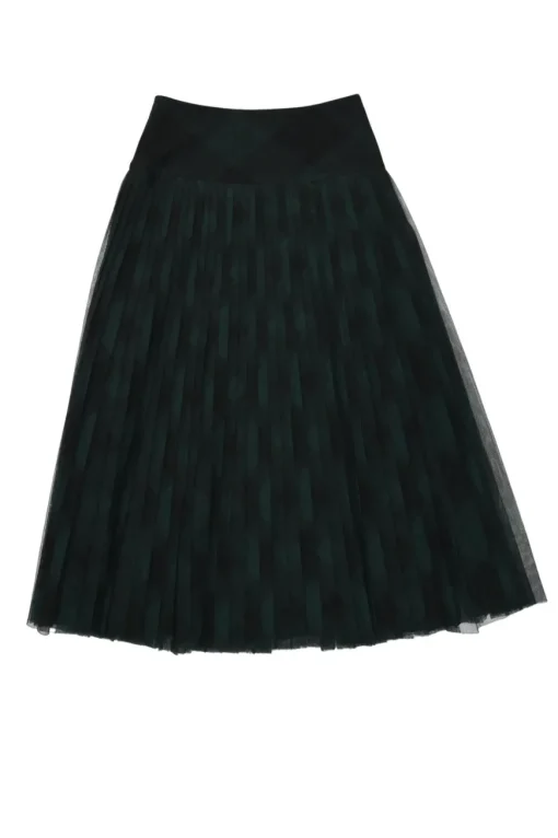 Green and black bias-cut polyester-cotton blend mesh buffalo check tulle A-line midi skirt