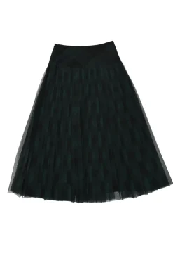 Green and black bias-cut polyester-cotton blend mesh buffalo check tulle A-line midi skirt
