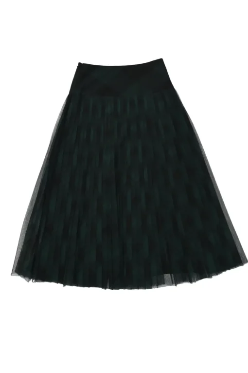 Green and black bias-cut polyester-cotton blend mesh buffalo check tulle A-line midi skirt
