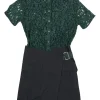 Green and black mixed-media rayon-blend lace and gabardine short sleeve apron mini dress
