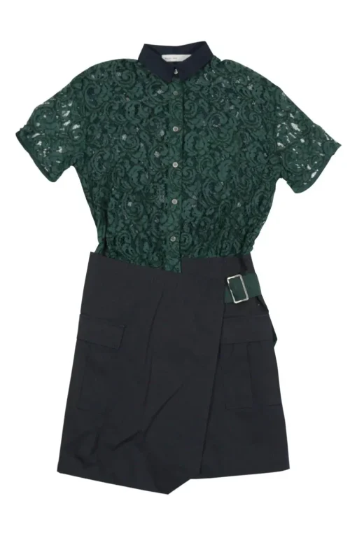 Green and black mixed-media rayon-blend lace and gabardine short sleeve apron mini dress