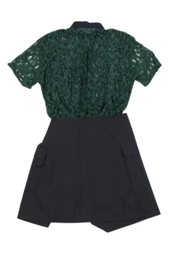 Green and black mixed-media rayon-blend lace and gabardine short sleeve apron mini dress