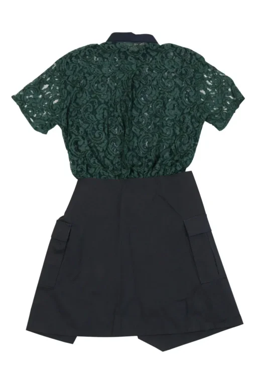 Green and black mixed-media rayon-blend lace and gabardine short sleeve apron mini dress