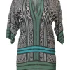 Green and black rayon Y-collar dolman sleeve batik-style pointelle knit tunic shift