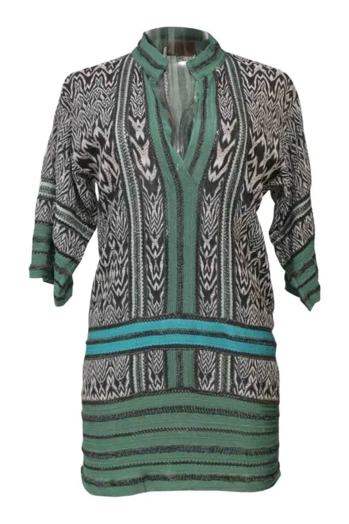 Green and black rayon Y-collar dolman sleeve batik-style pointelle knit tunic shift