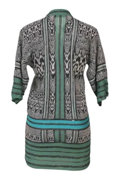 Green and black rayon Y-collar dolman sleeve batik-style pointelle knit tunic shift