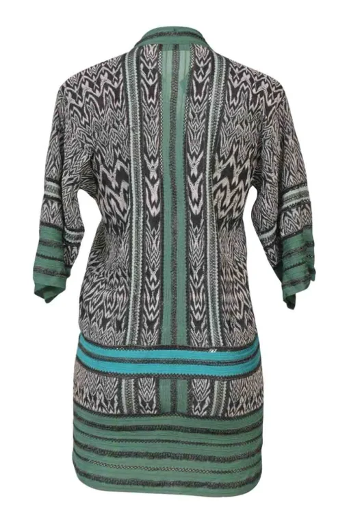 Green and black rayon Y-collar dolman sleeve batik-style pointelle knit tunic shift