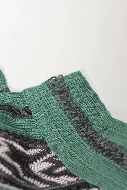 Green and black rayon Y-collar dolman sleeve batik-style pointelle knit tunic shift