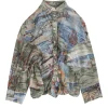 Green and blue boat print long-sleeved shirt with inner layer